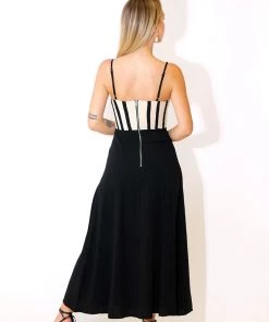 Au Darling Black And Tan Striped Midi Dress