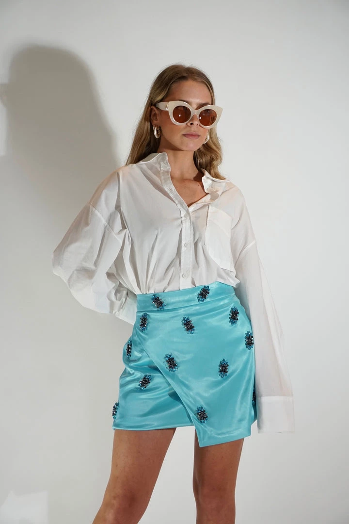 Au Darling Turquoise Jeweled Mini Skirt