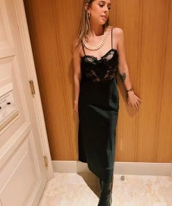 Au Darling Black Lace Satin Midi Dress Clothing