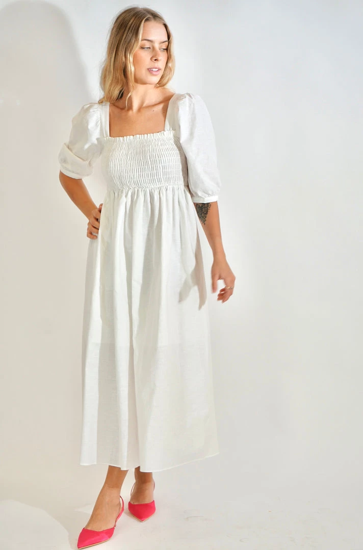 Au Darling White Smocked Midi Dress Clothing