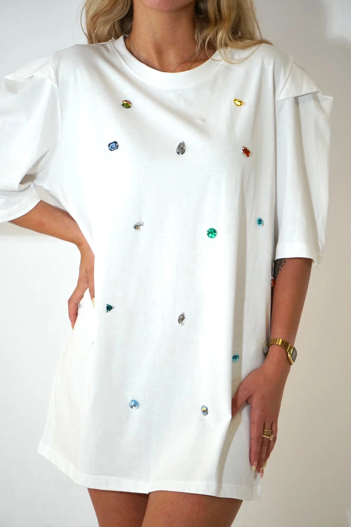 Au Darling Clothing Confetti Jeweled White T-Shirt Dress