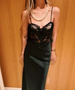 Au Darling Black Lace Satin Midi Dress Clothing