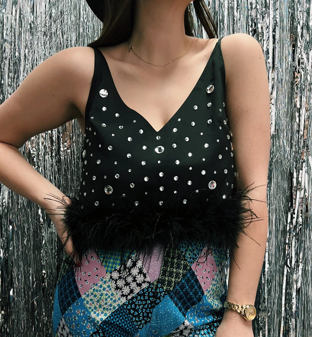 Au Darling Clothing Fancy Feather Rhinestone Top