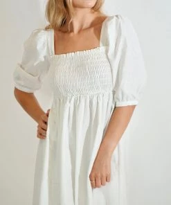 Au Darling White Smocked Midi Dress Clothing